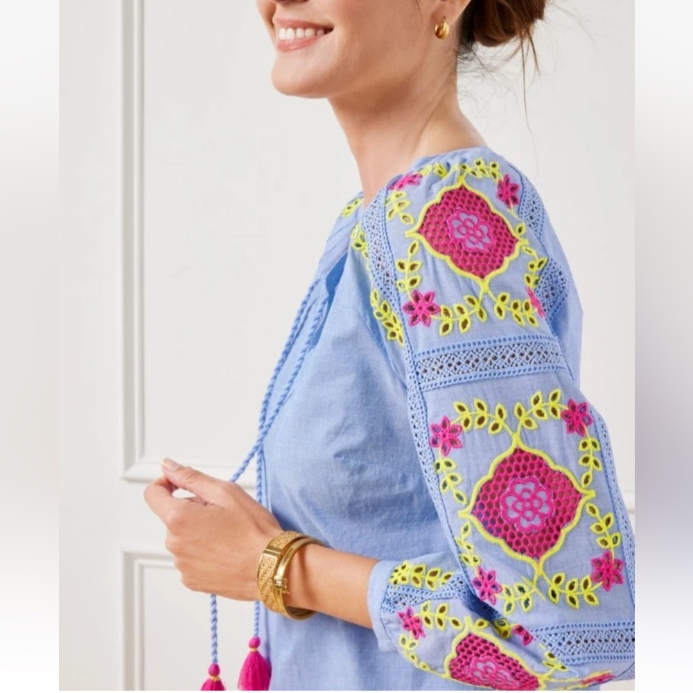 Talbot's Embroidered Contrast Sleeve Tassel Popover Blouse Size Petite Small